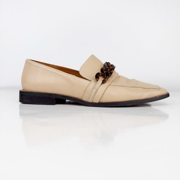ANGEL ALARCON Preppy School Flat Slip-On Tortoise Chain Beige Cream Loafers 37 - Picture 4 of 16